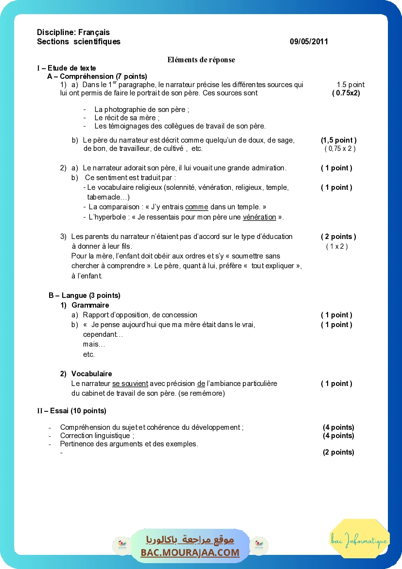 Corrigé principale francais Bac 2010 – Section info